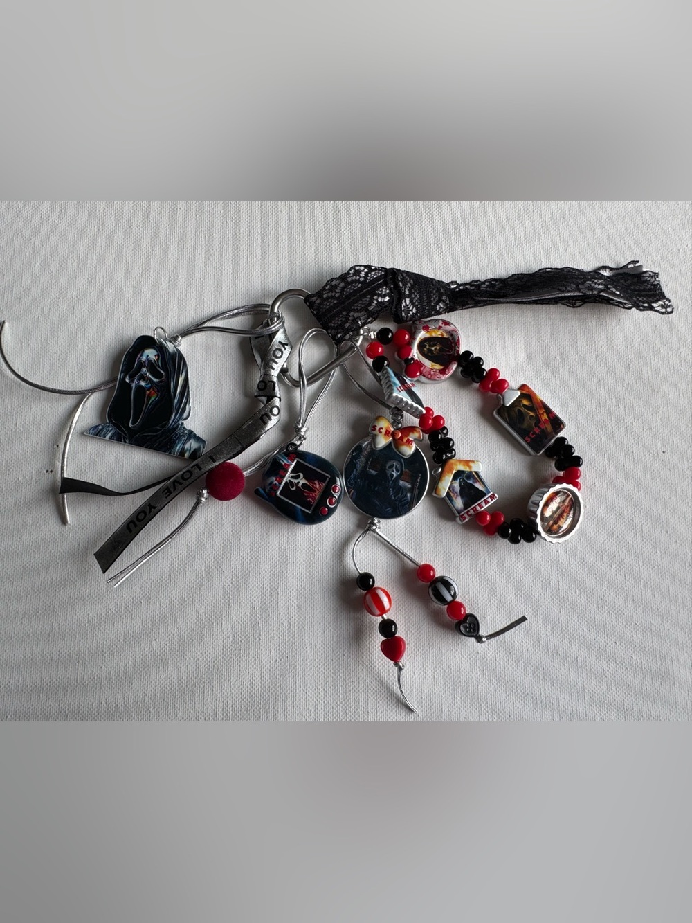 Ghost Face Red and Black Beaded Bag Charm Band Keychain Set.